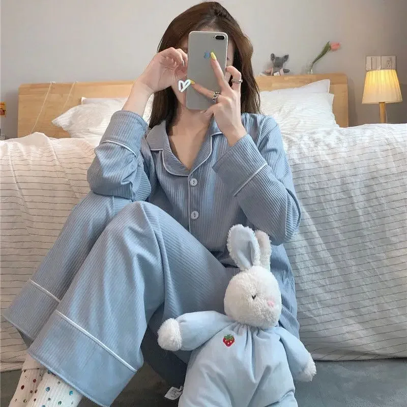 

Pajama Sets Women Turn-down Collar Simple Leisure Students Korean Style Single Breasted Spring Printed Long Sleeves Fashion Fit