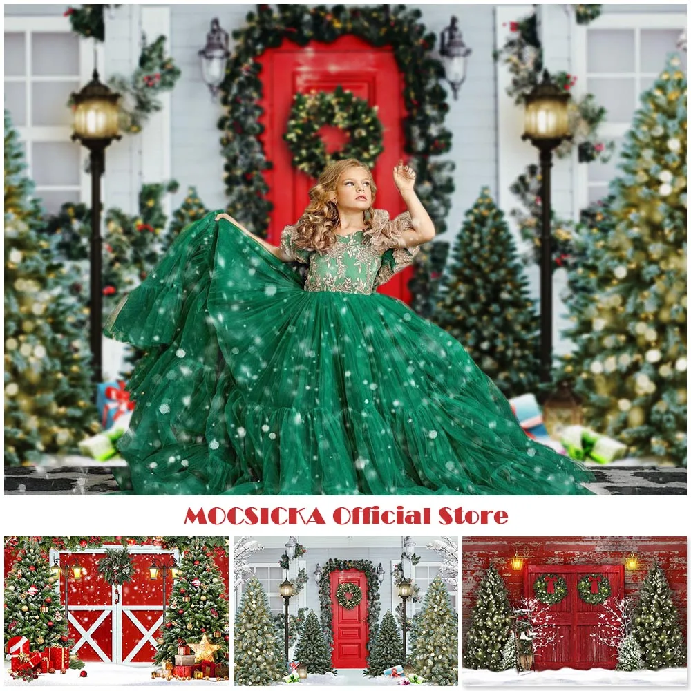 Fondo de fotografía de puerta roja de Navidad, telón de fondo Vintage rústico, árboles de Navidad, retrato familiar, accesorios para fotomatón