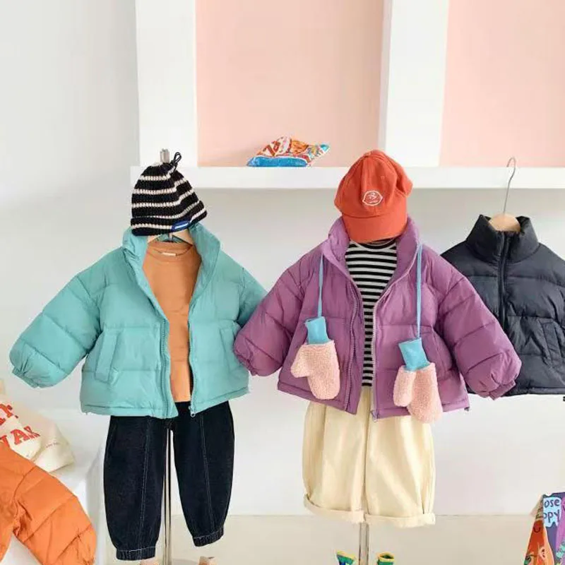 Kids Stand Collar Cotton Jacket New Boys Girls Fashion Thick Warm Outerwear Solid Color Casual Short Coat for Children