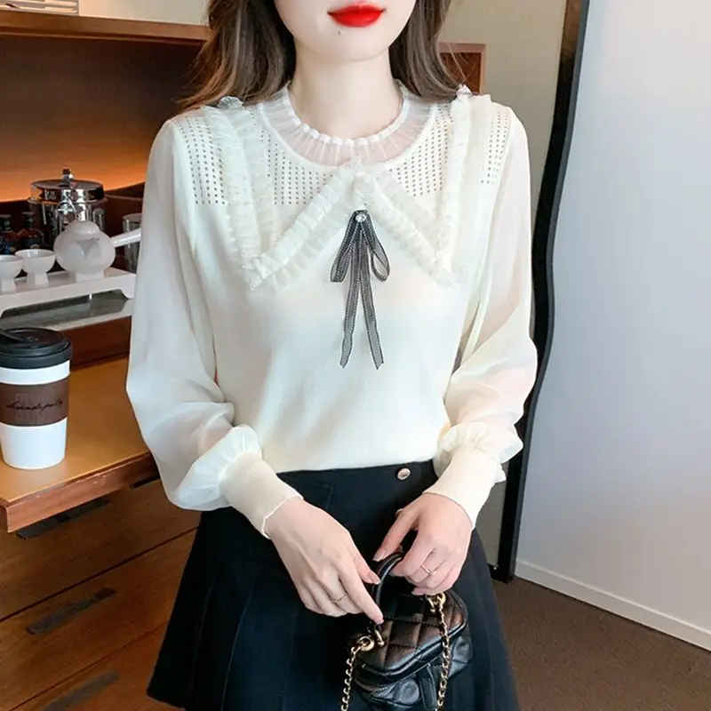 Fashion O-Neck Gauze Spliced Lace Ruffles Hollow Out Bow Blouses Female Clothing 2024 Spring New Loose Korean Tops Sweet Shirts