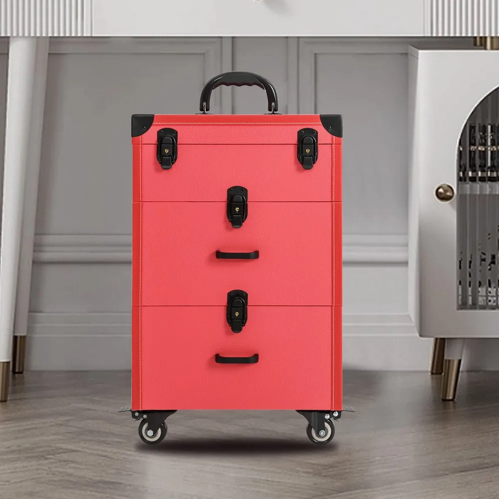 

TOP Rolling Makeup Trolley Case Jewelry Travel Cosmetic Train Case with 4 Wheel