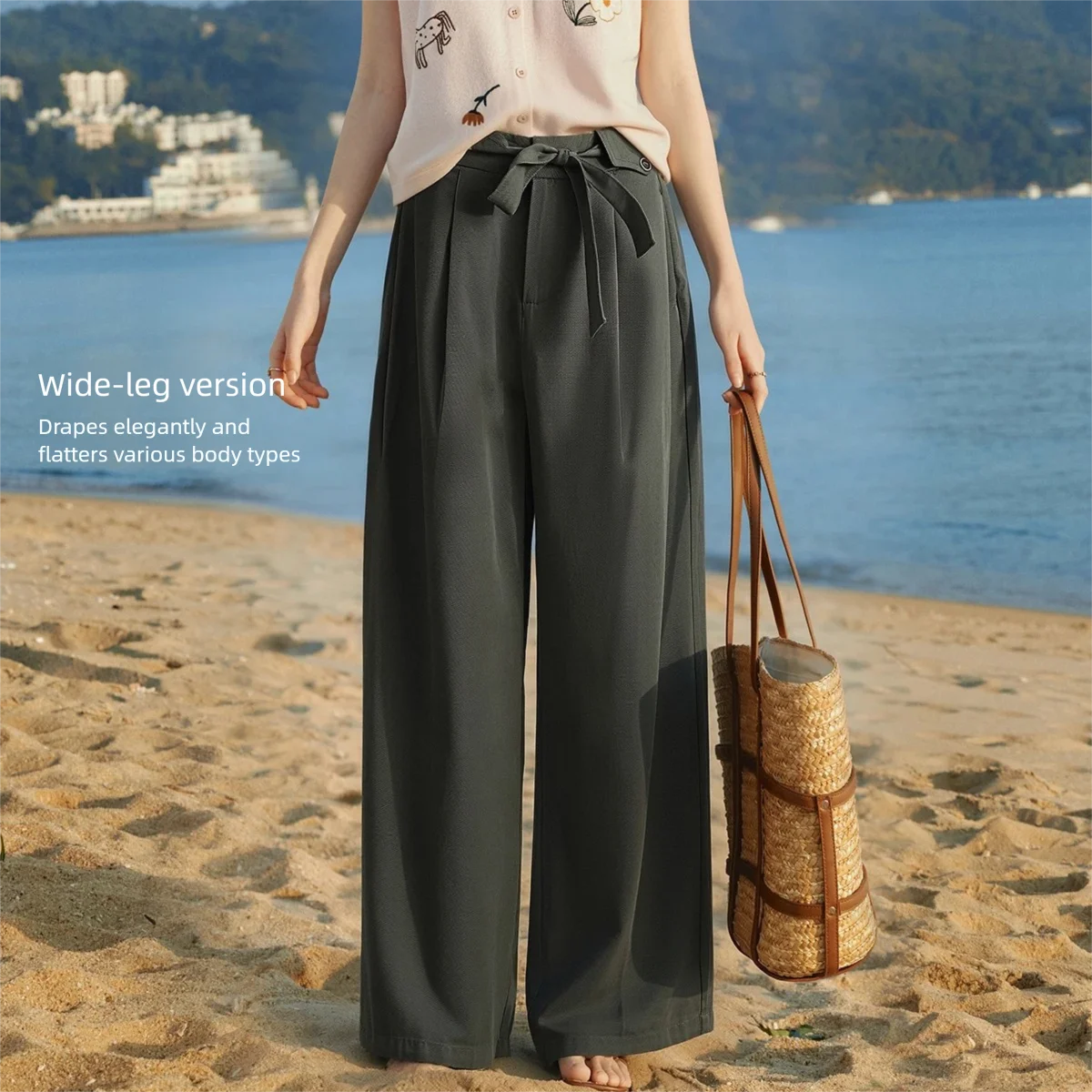 OLrain Versatile Self Tie Belt Wide Leg Pants Women's Summer Minimalist Office Loose Casual Trousers Female Bottom O58XK006398
