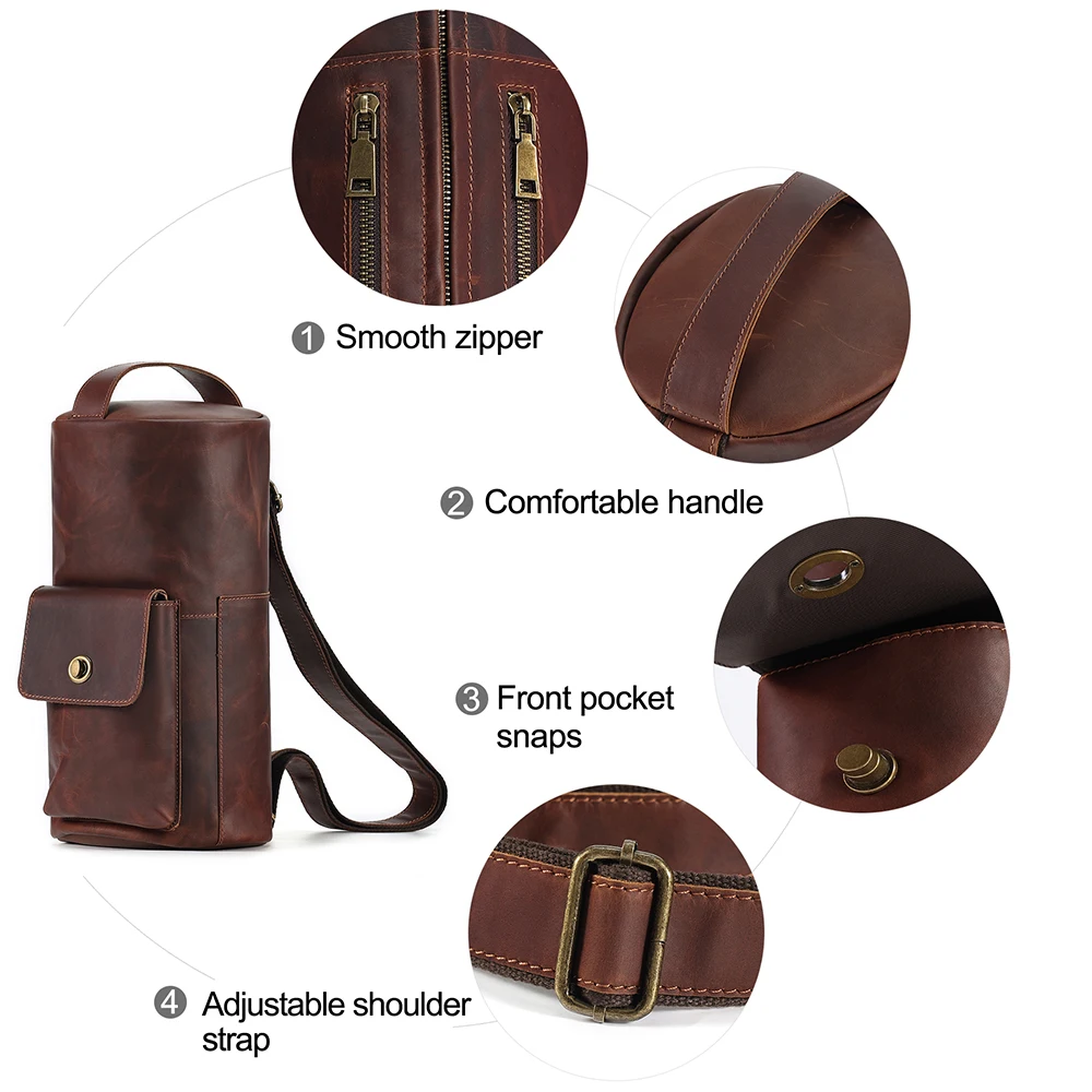 JOYIR Genuine Leather Messenger Bag Men Fashion Shoulder Bag Cylindrical Shape Travel Hiking Daypack Crossbody Bag Handbags