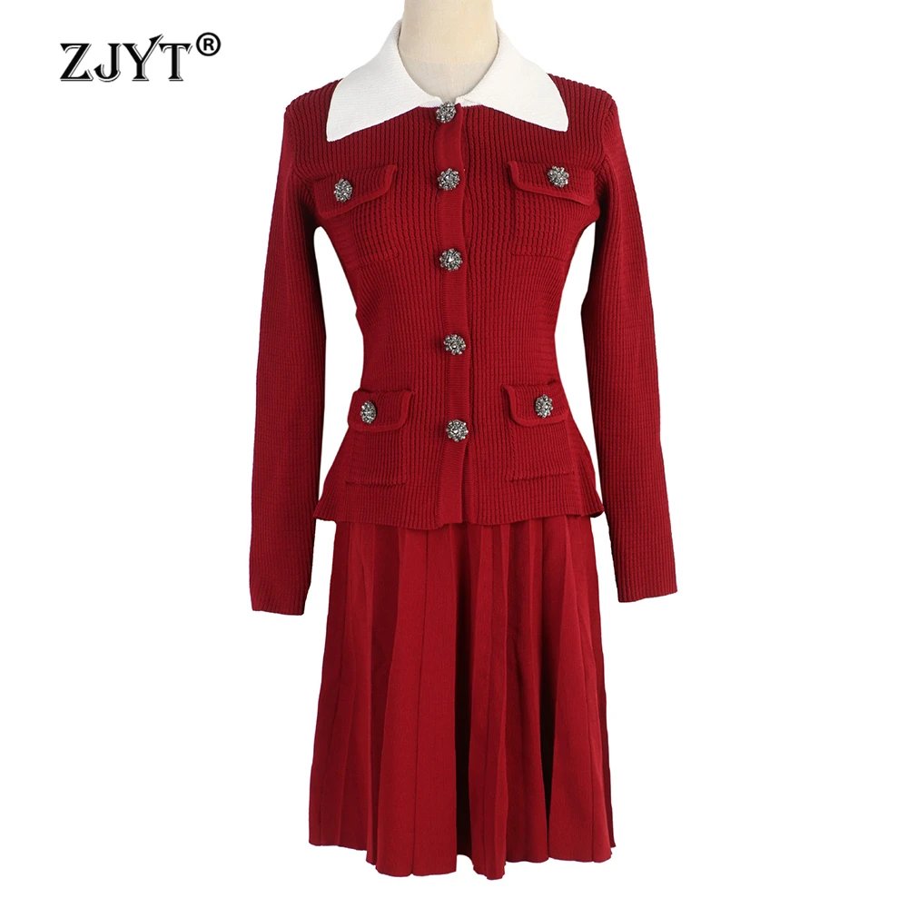 

ZJYT Spring Outfit Woman Knitted Suit Red Long Sleeve Sweater Skirt 2 Piece Elegant Matching Set Lady Dress Casual Party Jersey