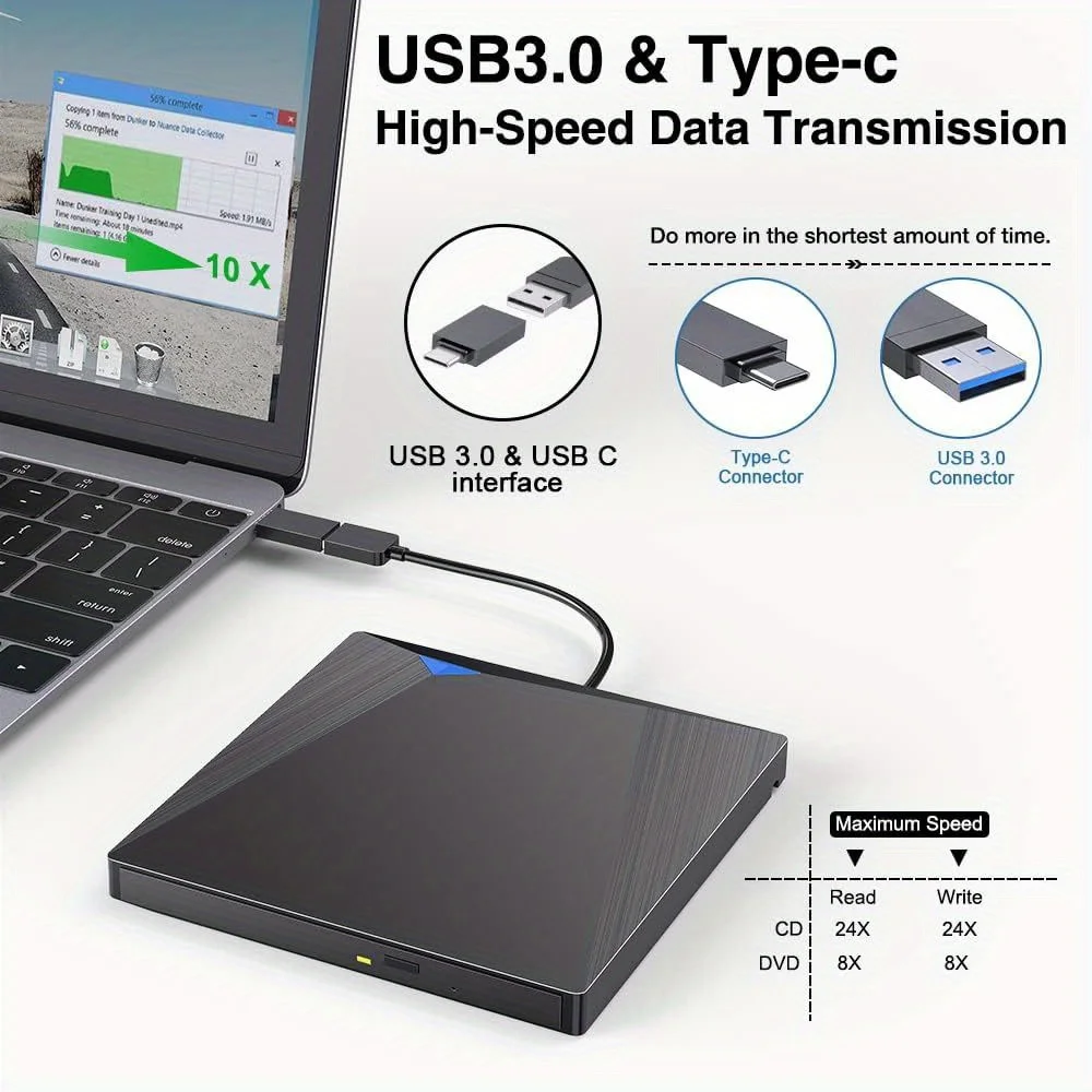 Lecteur CD et DVD externe USB 3.0 Type-C, portable, smile drive, graveur, compatible avec Windows XP, Vista, Mac OS, Linux, Mac