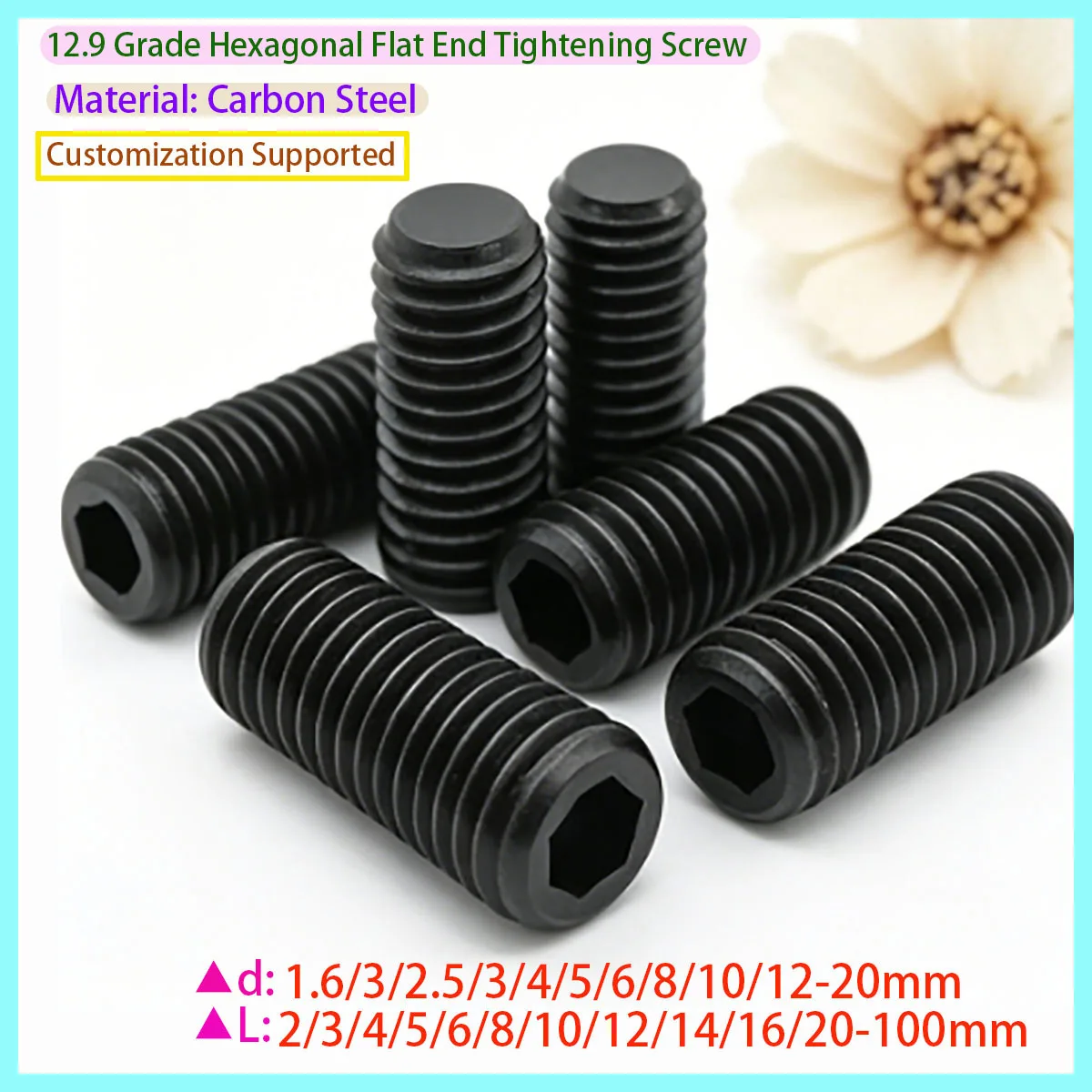 12.9 Grade Carbon Steel Hexagonal Flat Head Screw Cup-shaped Fixing Screw M1.6 M2 M2.5 M3 M3.5 M4 M5 M6 M8 M10 M12