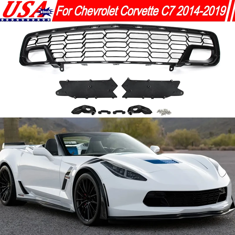 

Car Front Grille with Camera Hole For Chverolet Corvertte C7 Z06 Z51 2014-2019 Glossy Black Front Bumper Grille Racing Grills