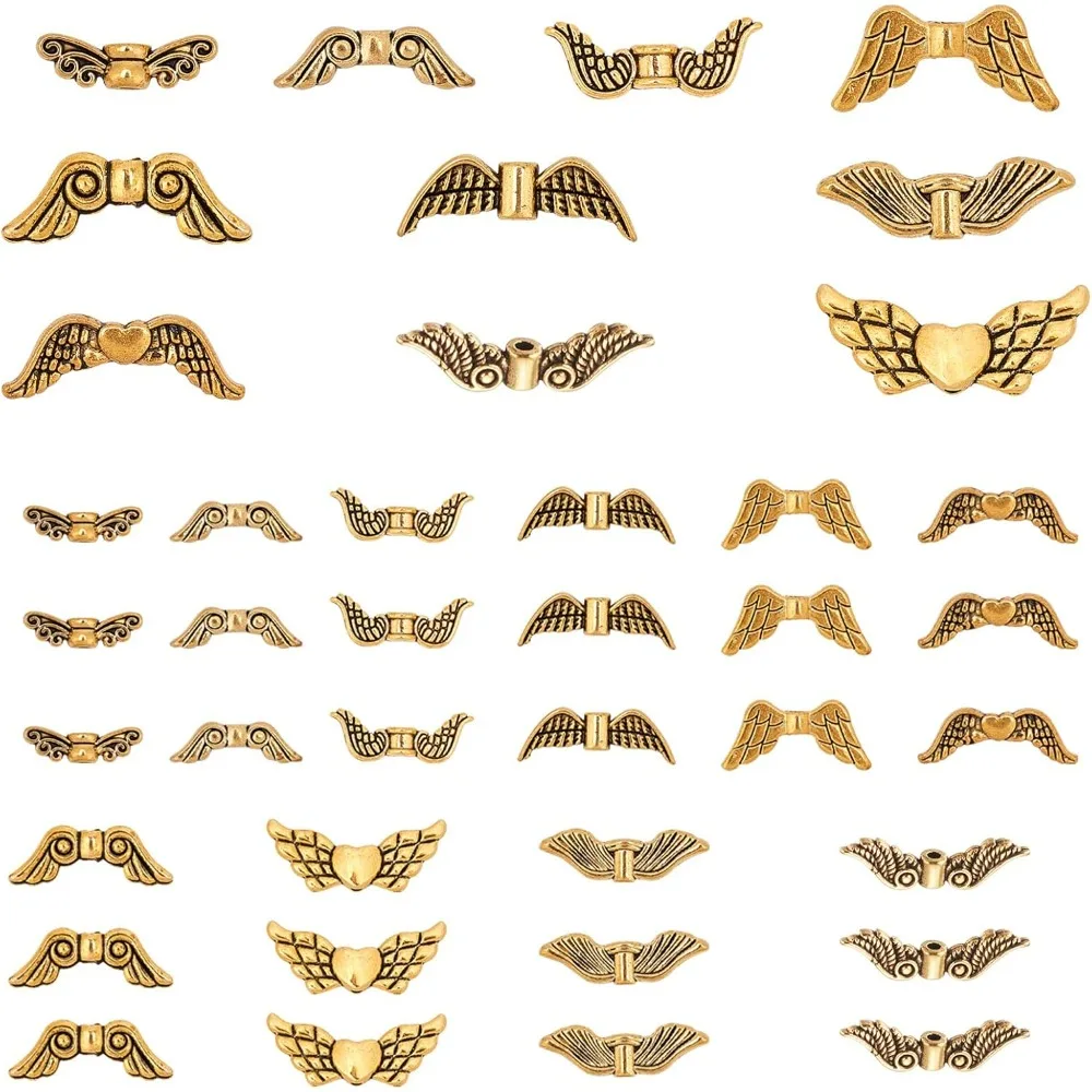 200pcs Angel Wing Charms 10 Styles Wing Beads Golden Wing Spacer Beads Easter Angel  Beads for DIY Handmade Earring