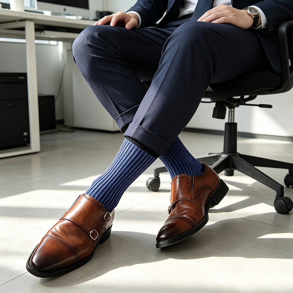 

Men's Mid-Calf Vertical Striped Business Dress Socks Formal Elastic Black Cuff Breathable Silk Office Wedding Hosiery