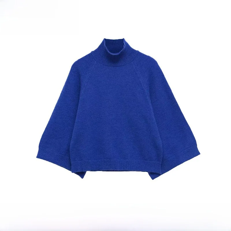 Fashionable Loose Knitted Sweater Stand Collar Street Style Polyester Fiber Women's Casual Short Length Long Sleeve Top