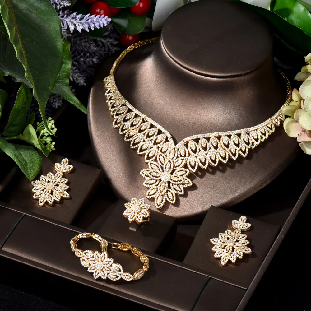 

HIBRIDE Gold Design for Clearance 4pcs Necklace Pendants Sets CZ Dubai Nigeria Women Wedding Jewelry Sets Party Gift bijoux