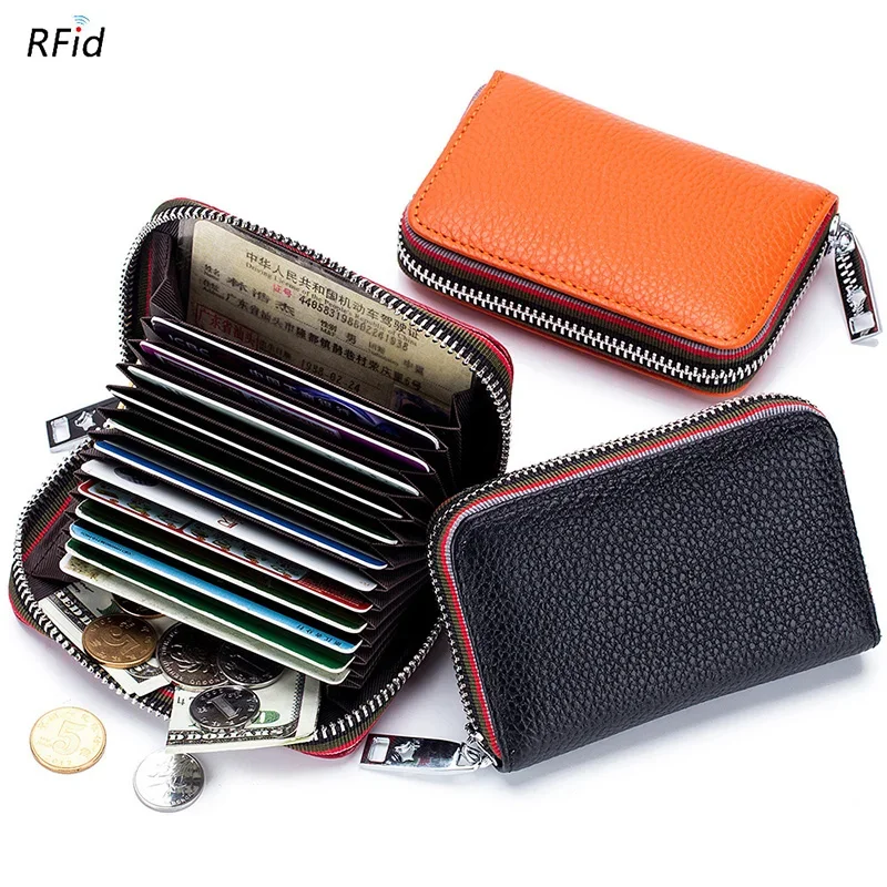 Tarjetero de cuero genuino para hombre y mujer, cartera Rfid, organizador de cambios, monedero pequeño con cremallera, novedad