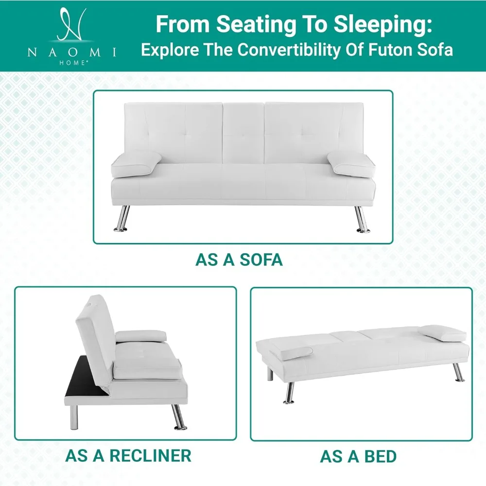 Divano letto futon in ecopelle bianca, divanetto reclinabile a 3 posizioni con braccioli, 2 portabicchieri, capacità di carico di 500 libbre