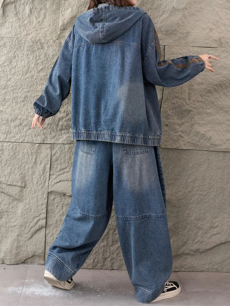 Amax LuluE 2025, Koreaanse Damesmode Big Size Klassieke Denim Pakken Damesmode Capuchon Tops Vintage Jeans Losse Twee Stukken Sets