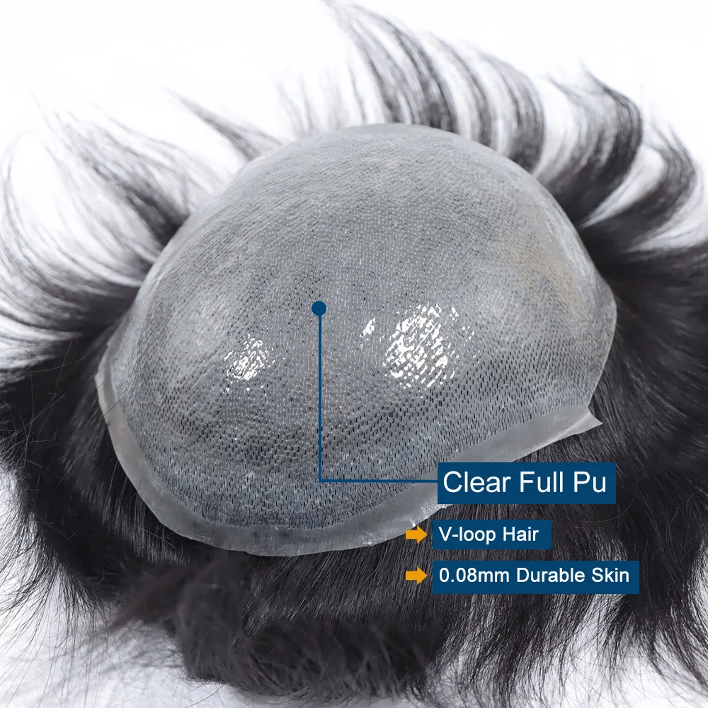 0.08mm Full PU Men's Capillary Prothesis Skin Toupee 100% Human Hair Male Wigs for Man Hair System Natural Black 8x10inch