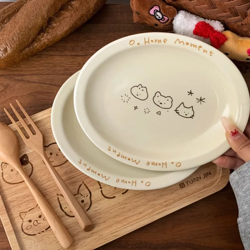 

New Ceramics Cream Colored Star Cute Cat Style Korean Illustration Animal Disc High Beauty Salad Breakfast Fruit Dessert Plates