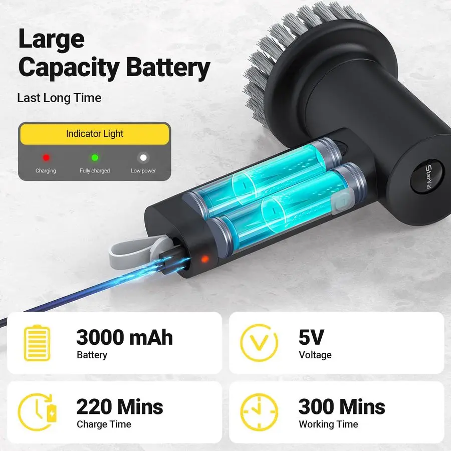 Вращающийся скруббер, беспроводной скруббер емкостью 3000 мАч с 8 сменными головками, легкий ручной скруббер с двойной скоростью для чистки