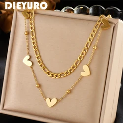 DIEYURO 316L Stainless Steel Minimalist Heart Shape Bilayer Necklace Girl New Exquisite Love Gold Color Chain Neck Jewelry Gift