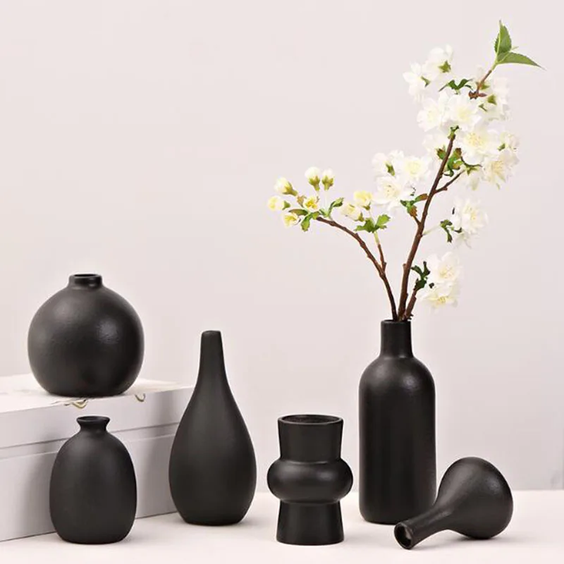 Florero de Porlceain creativo de Color negro, decoración para sala de estar, adornos de escritorio, arreglo de flores secas, maceta, decoración del hogar