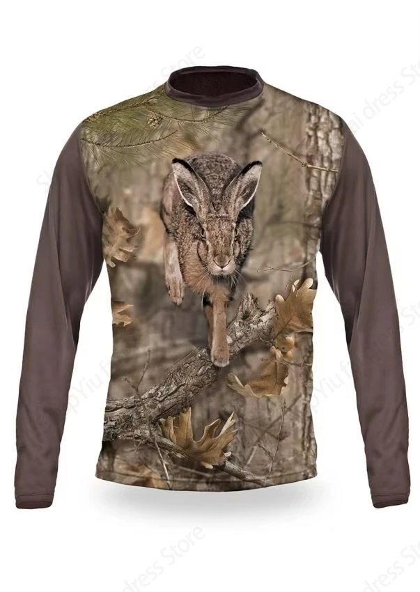 Mens Long Sleeve T-shirt 3D Hunting Animal Rabbit Elk Print T-shirts Outdoor Sports T Shirt Camp Tshirt Camouflage Tops Tees Gym