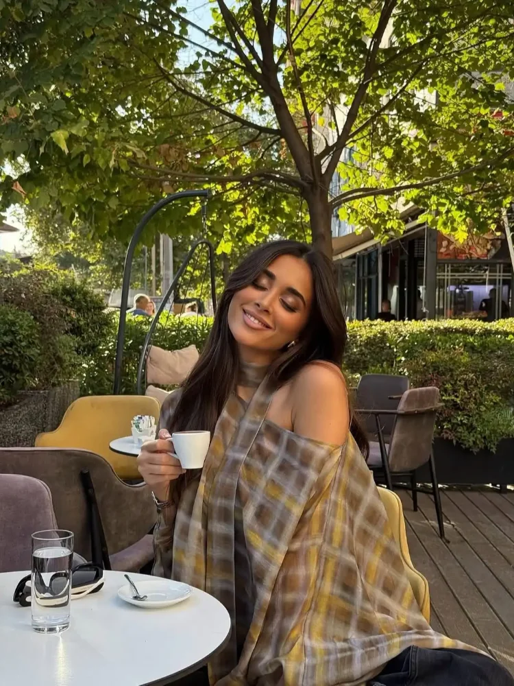 

Fashion Temperament Plaid Sheer Chiffon Blouse Women One Shoulder Flare Sleeve Asymmetric Hem Brown Top 2026 Lady Vacation Tops