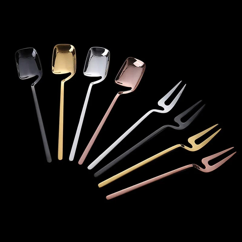 8 Pcs Stainless Steel Spoon Fork Retro Coffee Sugar Dessert Cake Ice Cream Spoons Mixing Spoon Fork Set,Colorful