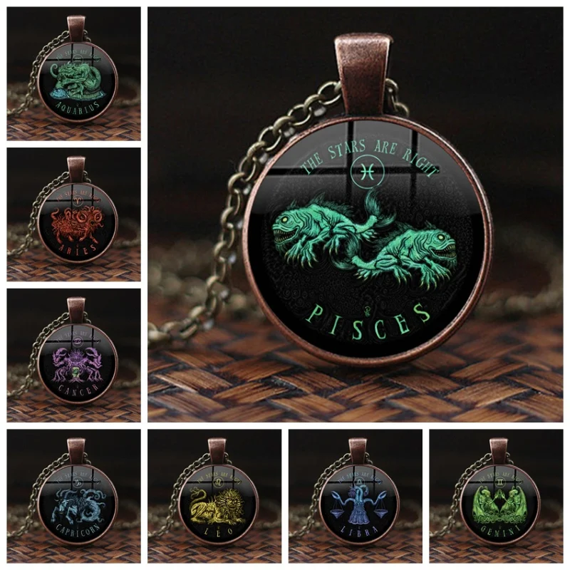 New Twelve Constellation Cthulhu Mythos Necklace Twelve Zodiac Printed Glass Old Red Copper Pendant Women\'s Men\'s Jewelry