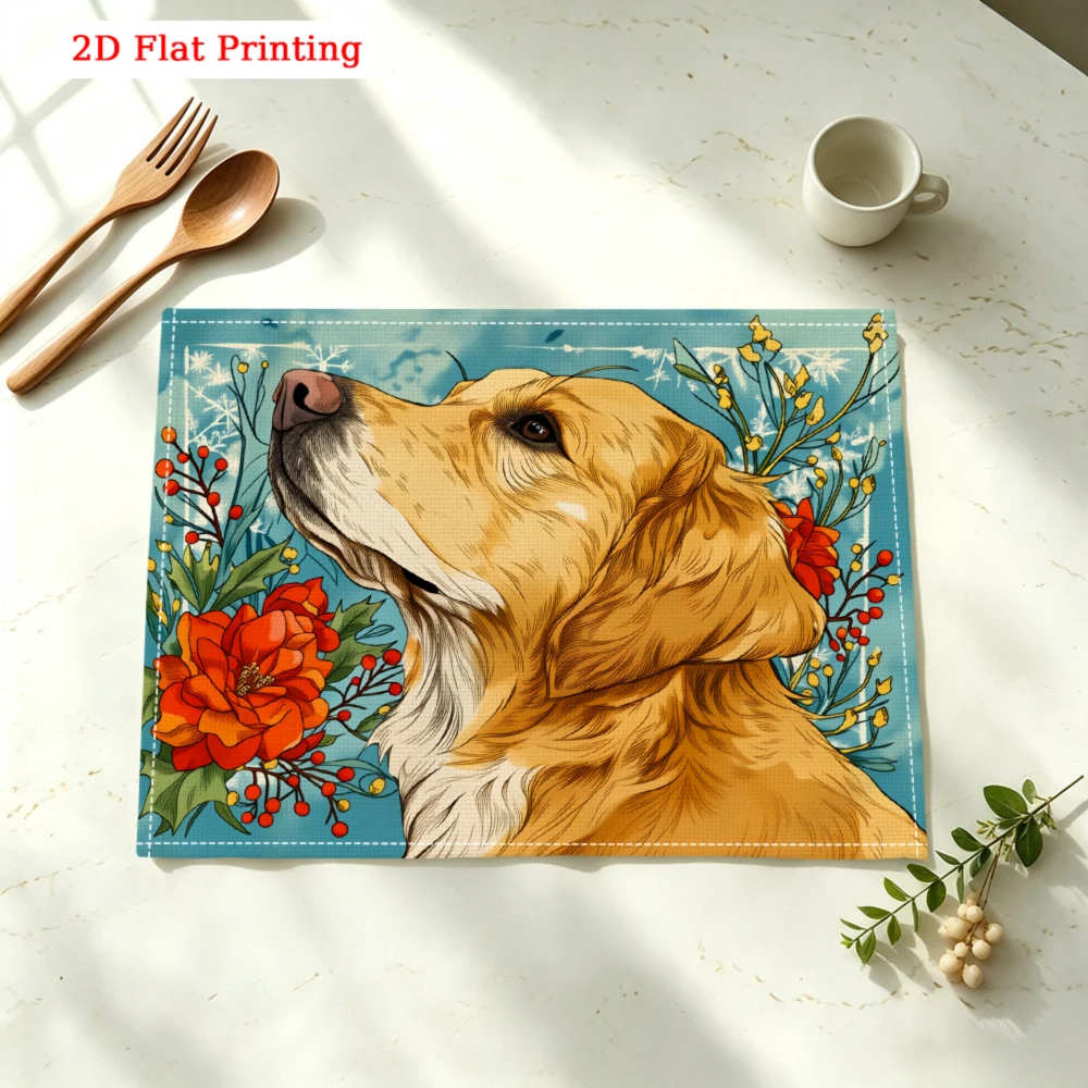 Golden Retriever Floral Kitchen Placemat Golden Retriever Floral Art Linen Pad Dish Coffee Cup Table Mat 1PC 30x40cm