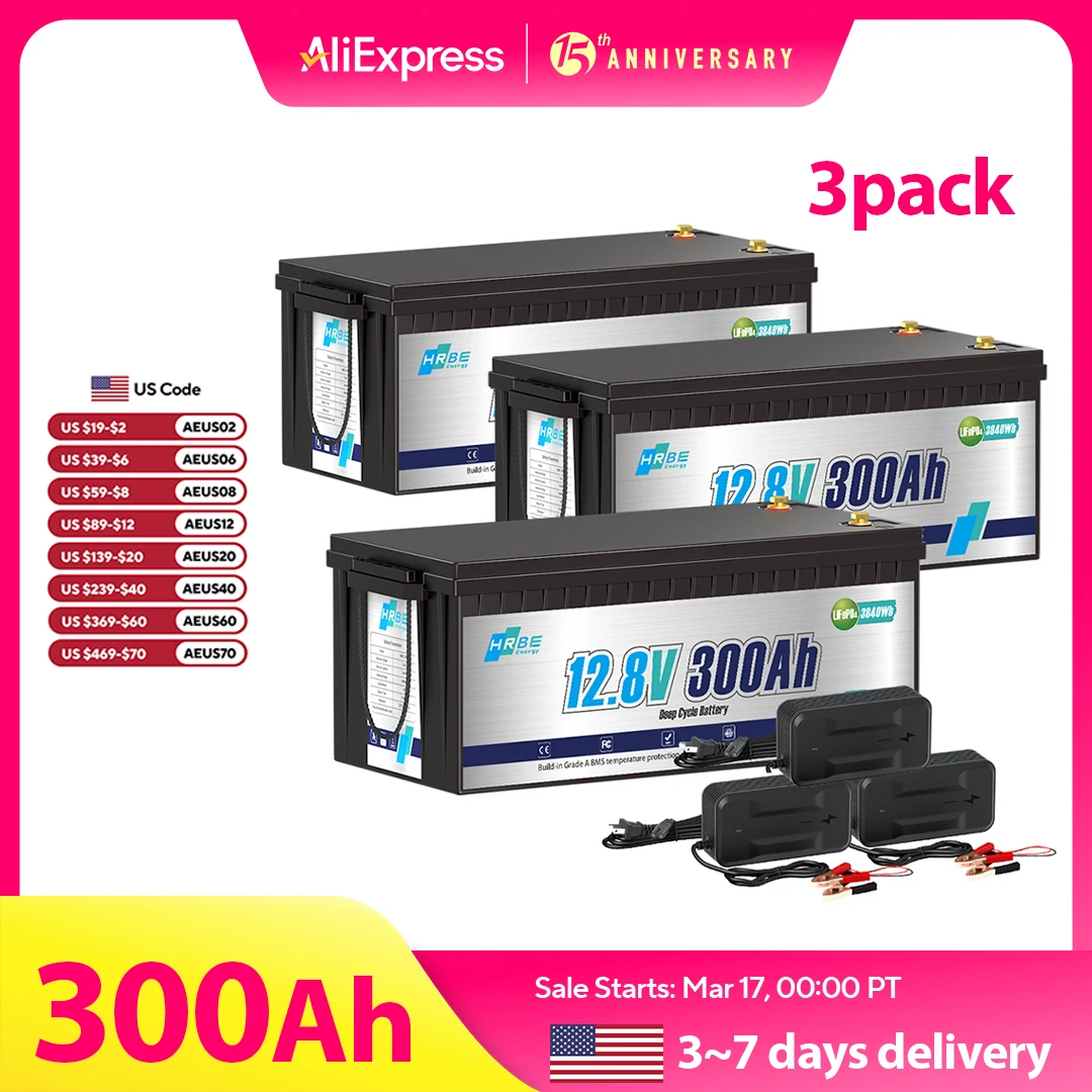 12V 300Ah LiFePO4 Battery,200A BMS Rechargeable Lithium Battery 3840Wh High Energy Density,for Off-Grid,Solar, Motorhome 3 PACK