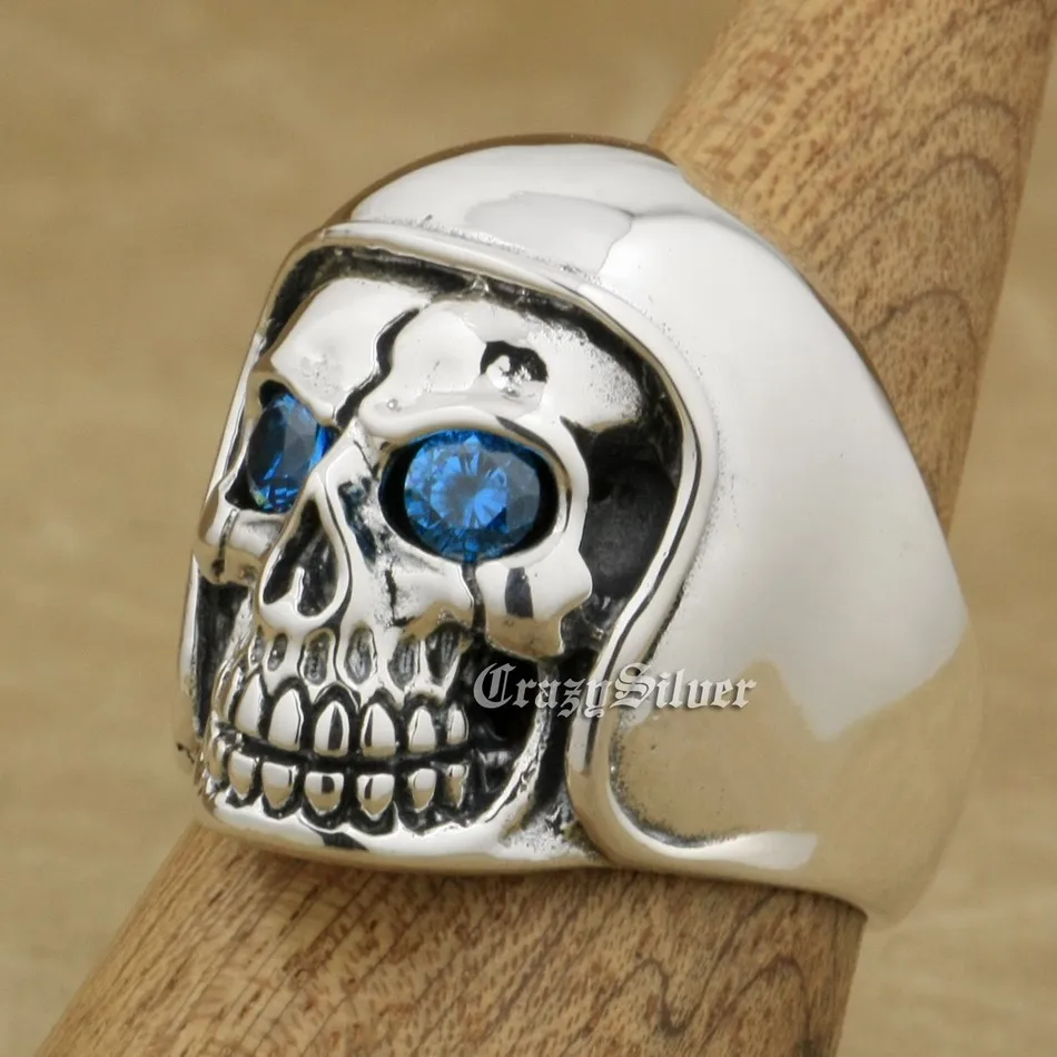 

925 Sterling Silver Football Helmet Hat CZ Eyes Skull Ring Biker Rock Punk Jewelry 9QX11 US Size 7 to 14
