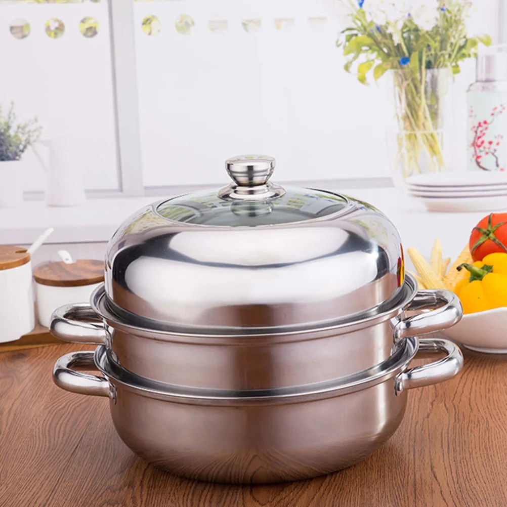 

1pc Stainless Steel Steamer Pot Large Capacity Multi-Layer Steam Cookware Kitchen Tool With Glass Lid Heat Resistant Handle