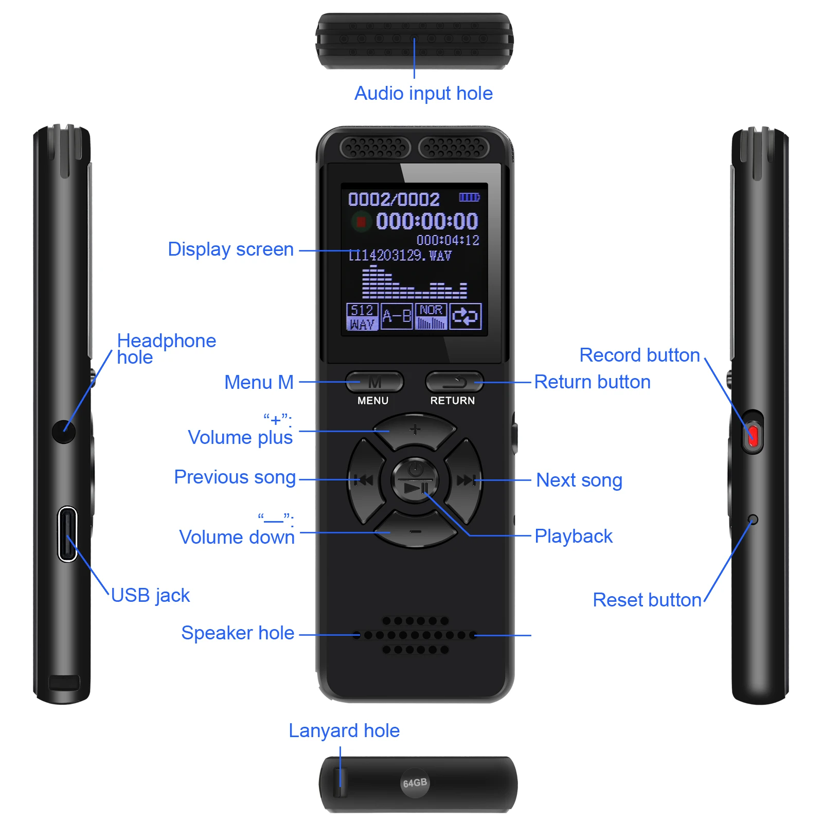 V65 Type C Rechargeable Pen Recorder WAV 3072kbp MP3 192kbps Recording Bit Rate Voice Activated Monitoring Record for Lecture