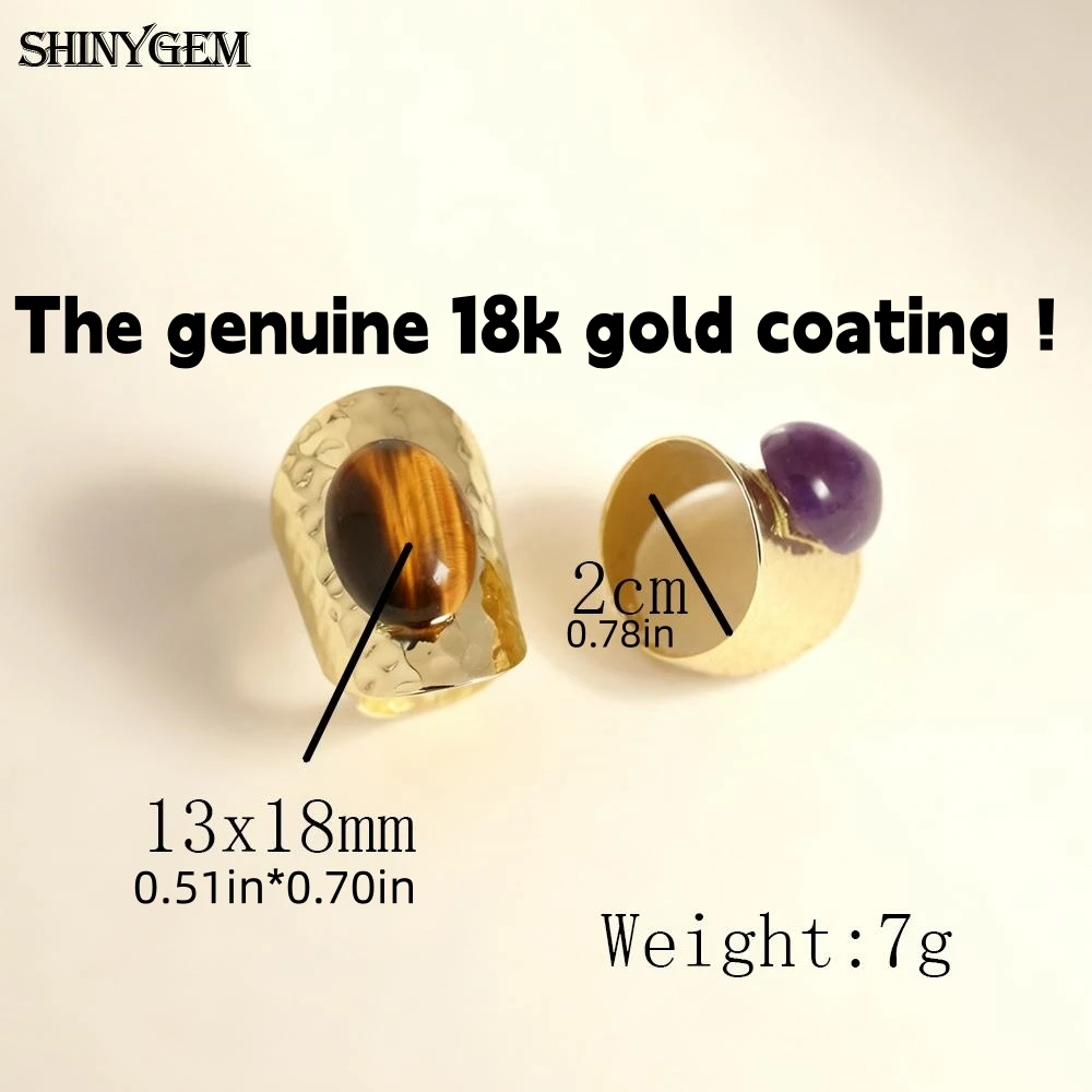 SHINYGEM Fashion Jewelry Natural Crystal Agate Healing Crystal Stone 13x18mm Oval Smooth Surface Gold Plated Charm Rings Women