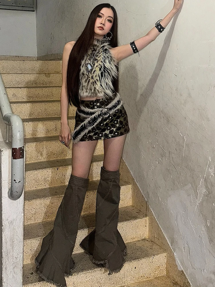 

Sisterlinda Hottie Leopard Tassel Tank Top Women Sexy Furry Patchwork Halter Sleeveless Stretch Coquette Midnight Party Clubwear