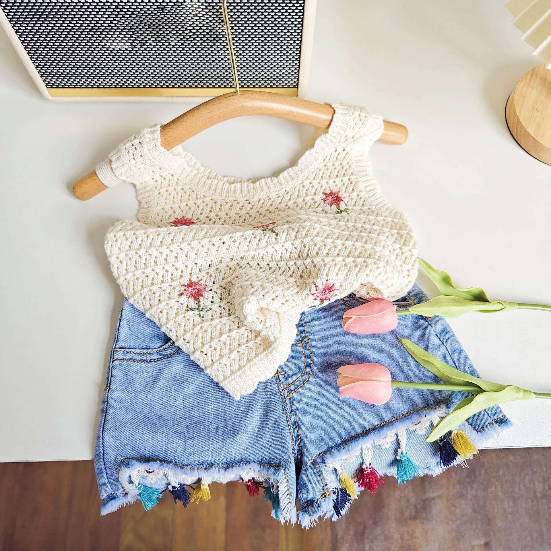 2023 Summer Girls\' Clothing Sets Cute Flower Knitted Tank Top+Fashion Street Style Tassel Denim Shorts Baby Kids Two Piece Set