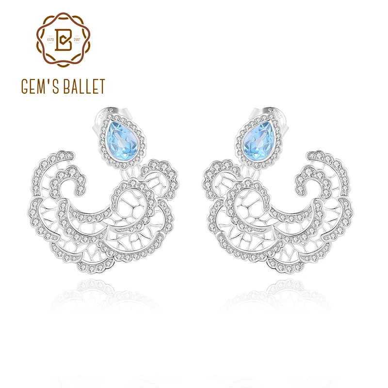 GEM'S BALLET Stunning Swiss Blue Topaz Gemstone Studs Earrings in S925 Sterling Silver Hollow Out Bridal Earrings Gifts For Her