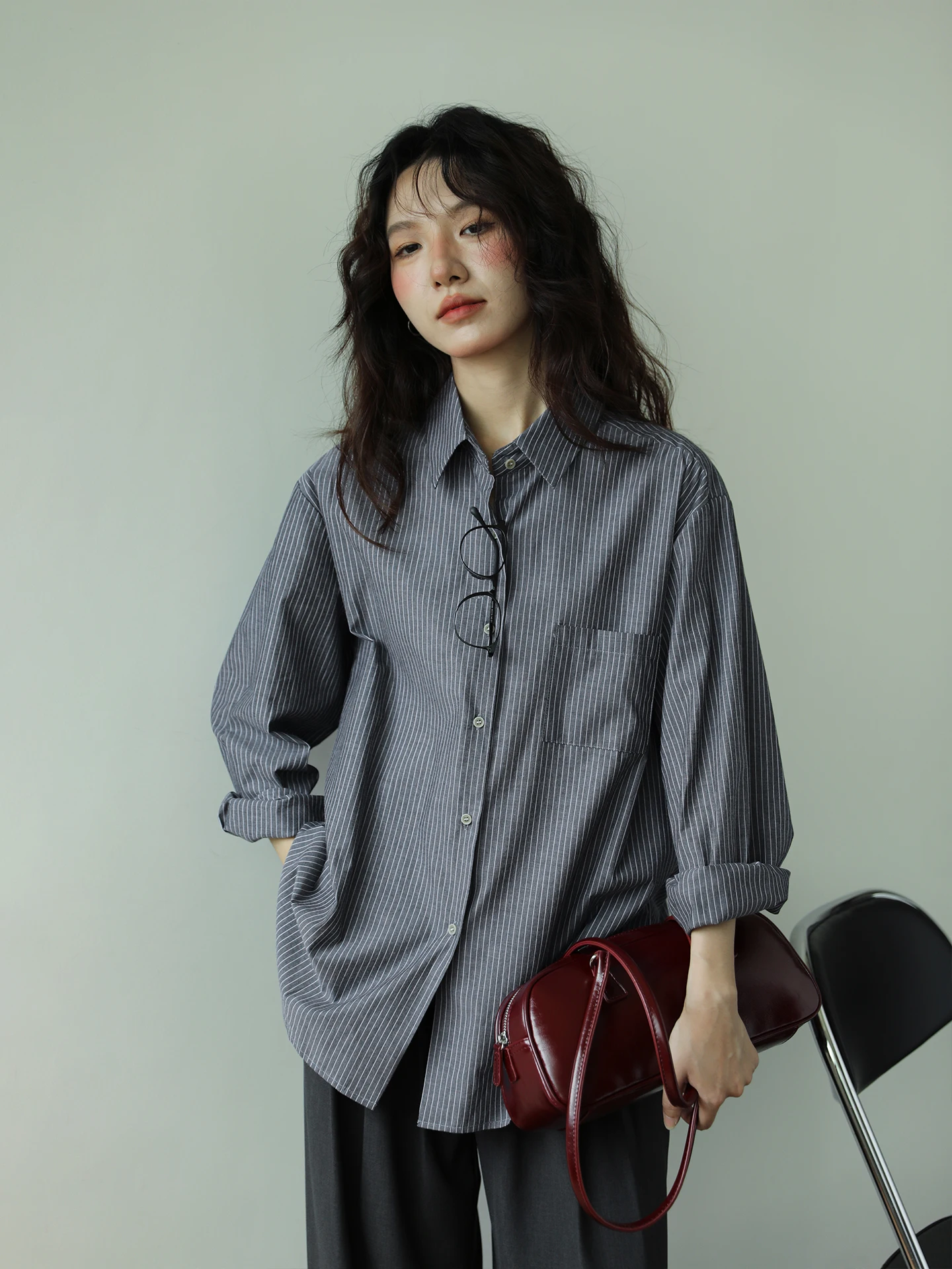 

Retro Design Striped Long Sve Women's irt Deep ey Faionable Slimming Top Cotton Breathable Autumn Winter New Sle