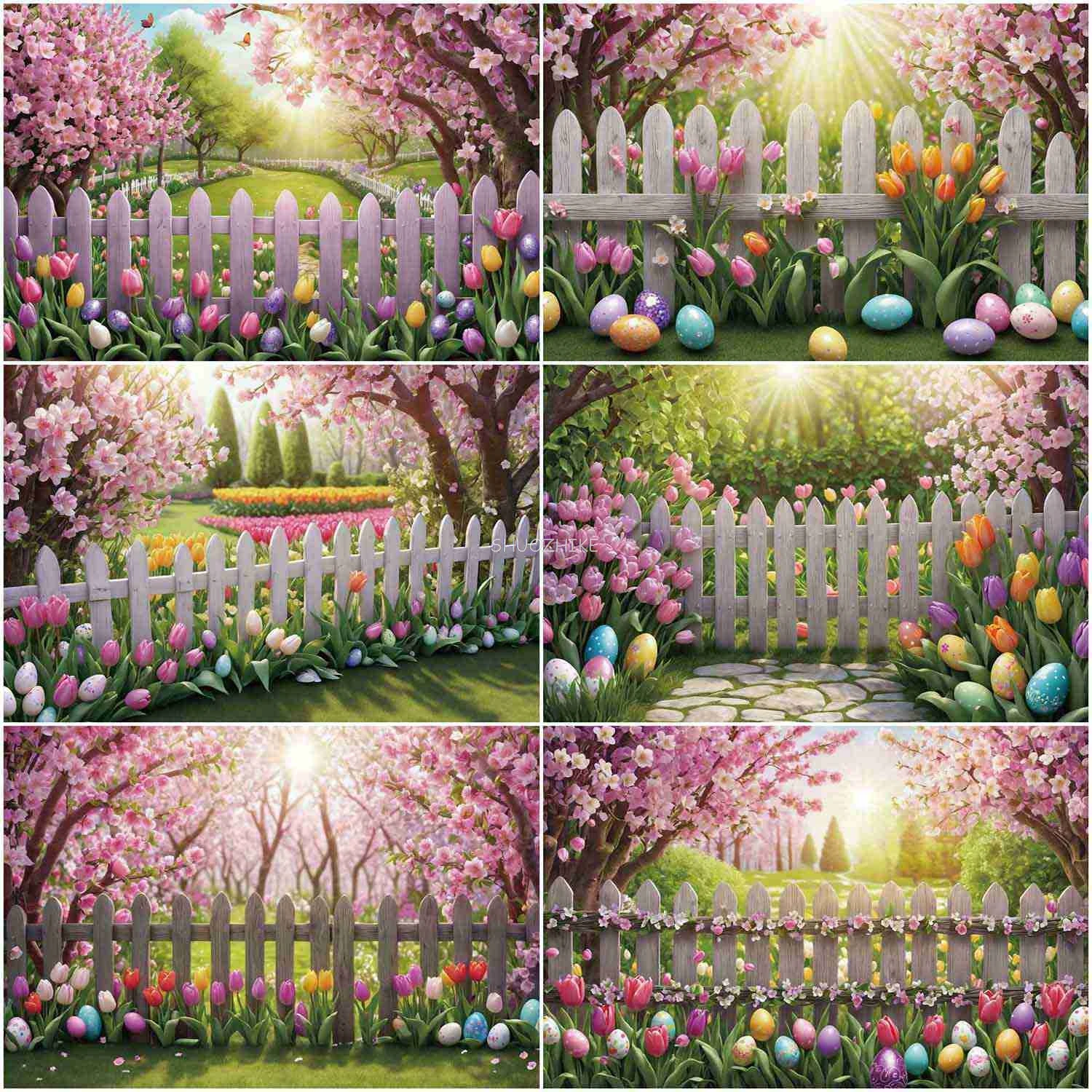 

Spring Happy Easter Photography Backdrop Garden Flower Fence Egg Party Photo Background Professional Studio Photocall