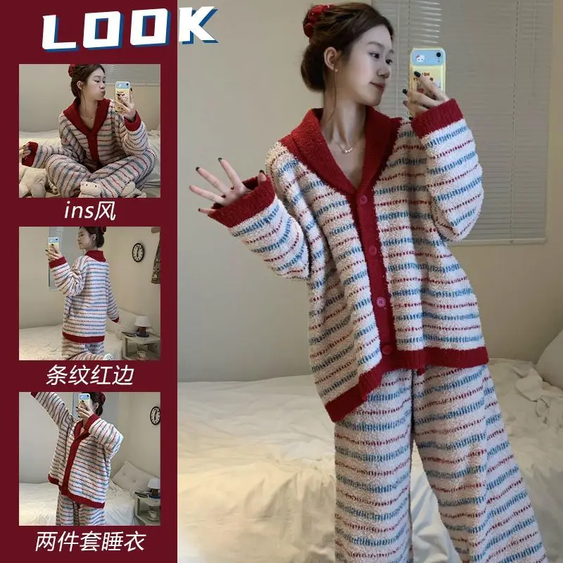 

new model lazy vibe keep warm pajamas girl retro stripe winter Women's thicken Breathable homewear suit Long Sleeve Pajama Set