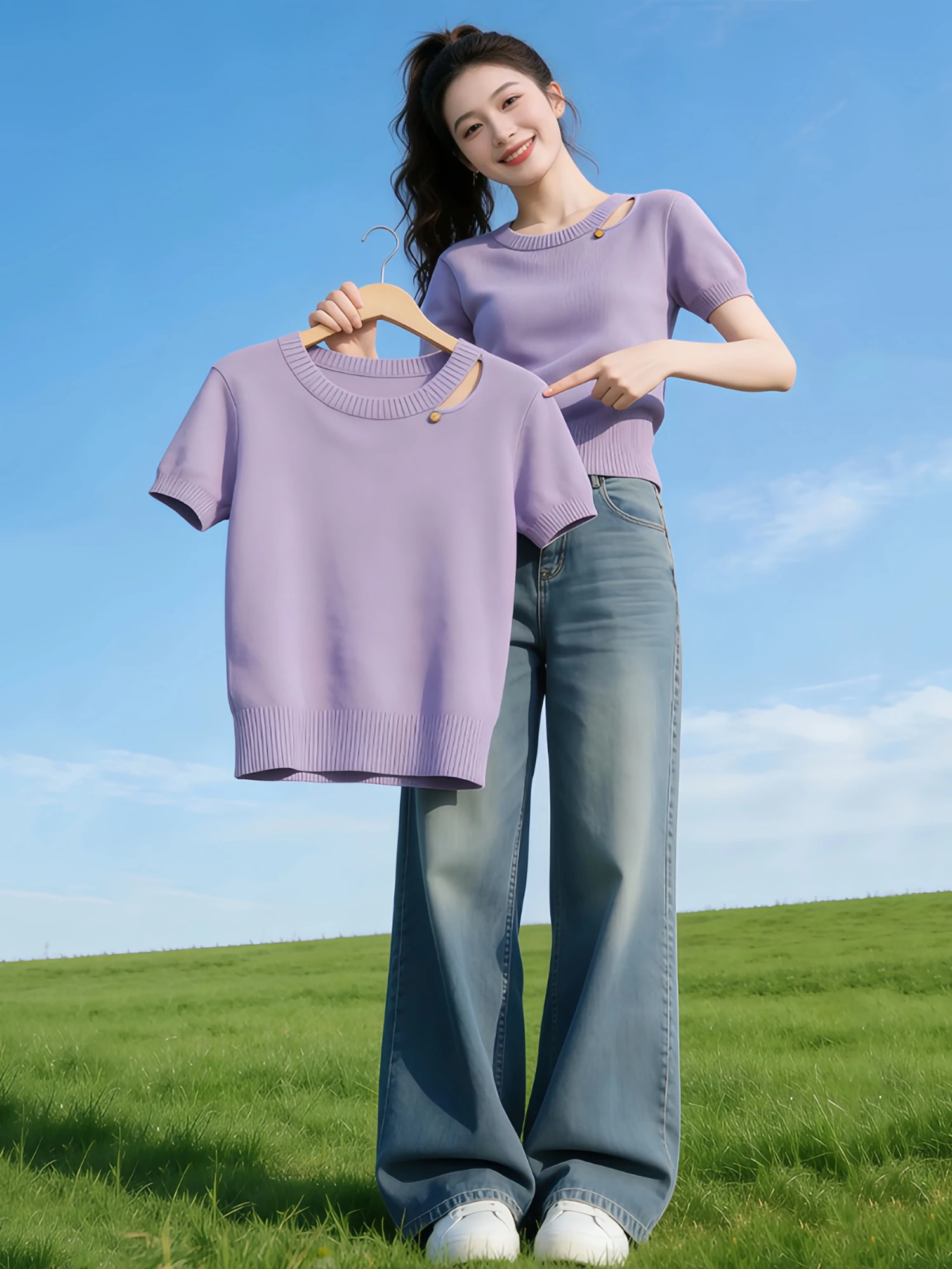 

Unique Beautiful Loose Slim ort Sve Knitted Top Women's Purple Hollow out Casual Sle Summer New Arrival Faionable Wo...