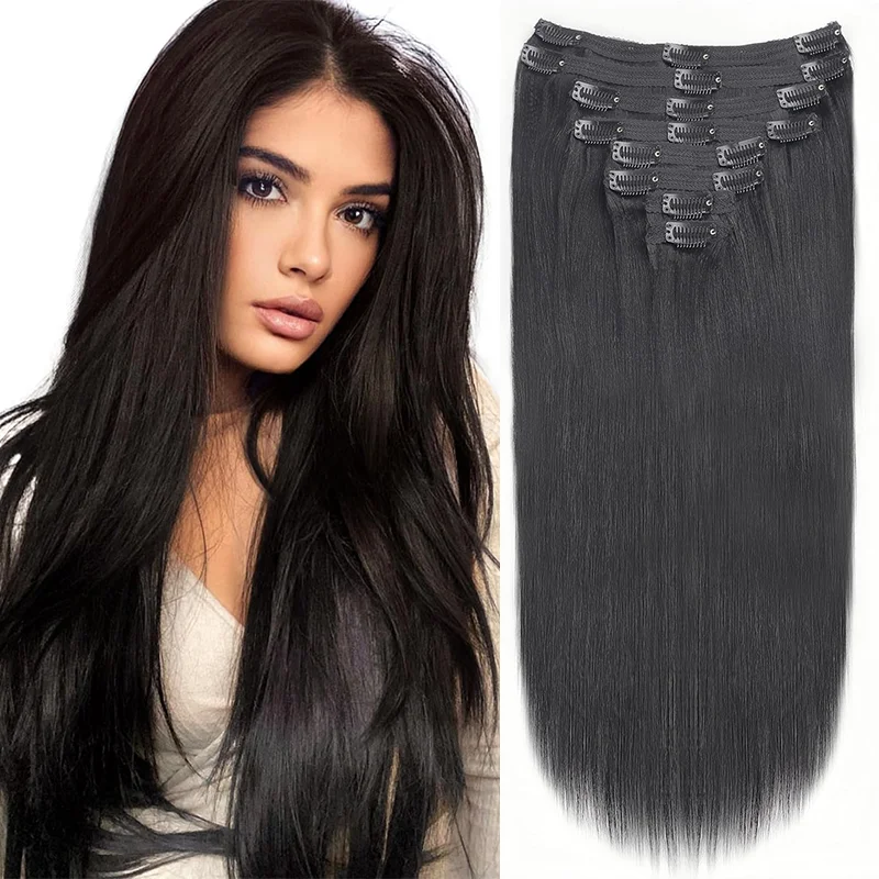 Straight Clip in Hair Extensions Per Set with 120G Double Weft Brazilian Virgin 100% Human Hair Natural Black Color For Women