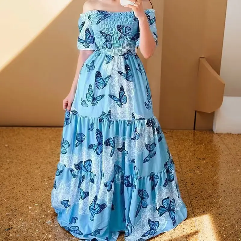 

Summer Lady's Casual Strap Breast Dress Butterfly Print Elegant Lady's Seaside Holiday Party Dress Short Sleeve Long Dress 2025