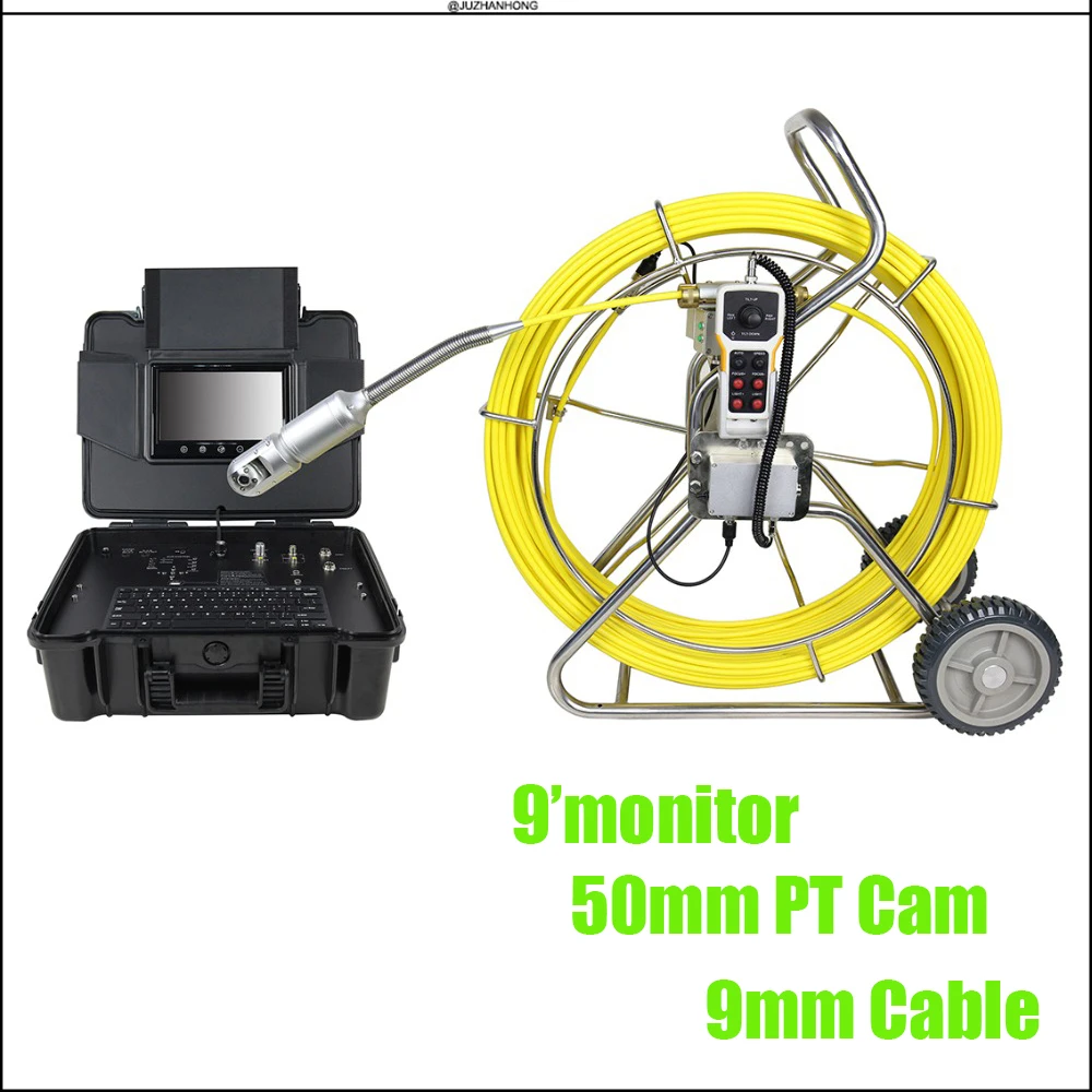 50mm Pan Tilt Rotate Pipe Drain Sewer Duct Video Inspection Camera System DVR Meter Counter 9inch LCD 9mm 60m Cable