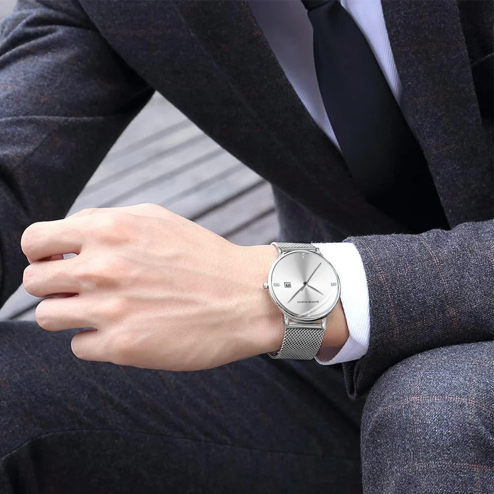 ساعة هانا مارتن للرجال مع حركة يابانية مستوردة وحزام شبكي من الفولاذ المقاوم للصدأ وحزام كوارتز وحجر الراين للرجال