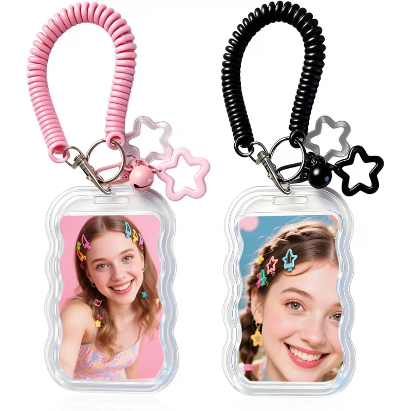 2 Pack Cute Photocard Holder Keychain Kpop Photo Card Holder, Transparent PC Holder with Star Wave Design for Bus Student Card, - view 2