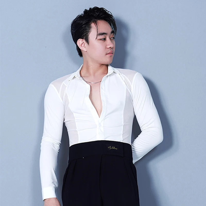 Latin Dance Shirt For Men Black Tango Top Line Dance Long Sleeves Tops White Samba Competition Costume Male Dance Wear VDL1321
