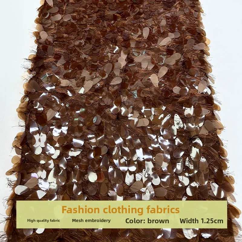 Brown Mesh Fabric By The Yard Tassel Large Teardrop Sequin Embroidered Cloth for Evening Gown Wedding Dress Dressmaking Diy Sew