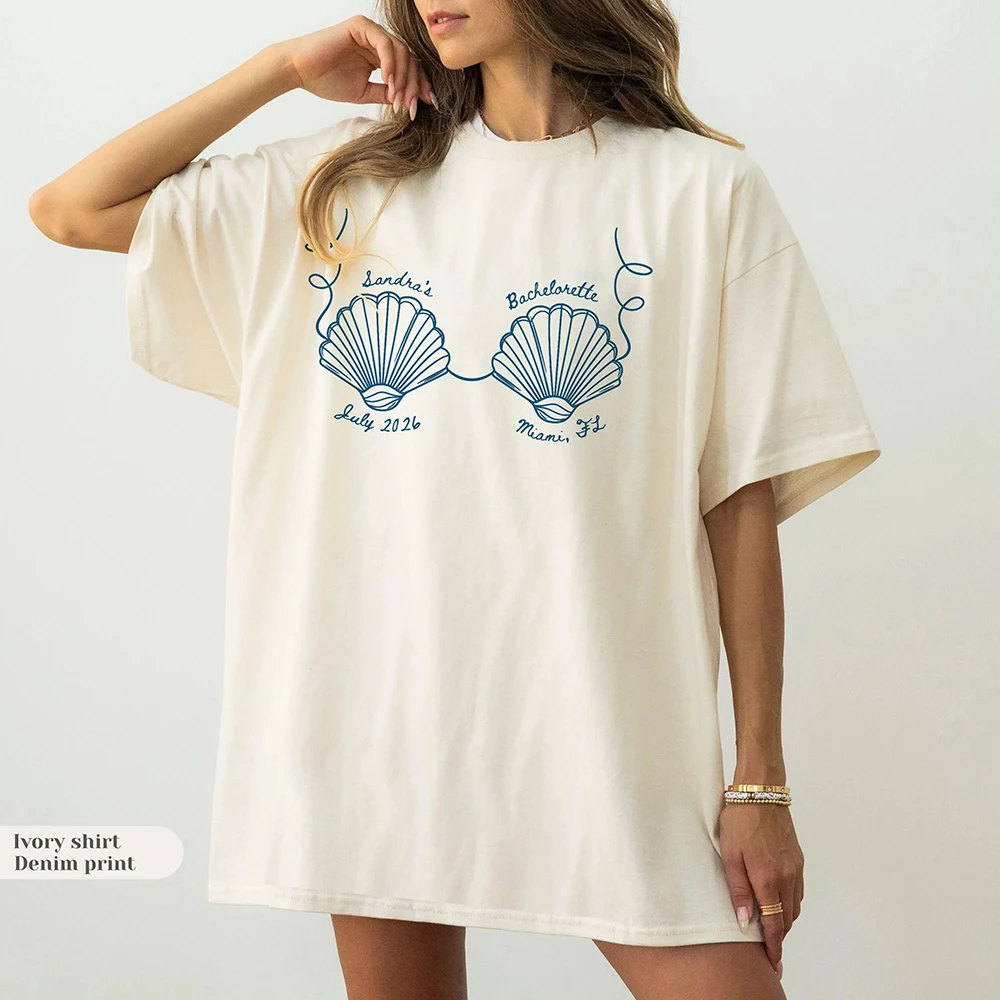 Custom Name Seashells Bachelorette Party T‑Shirt Personalized Date Location Beach Coastal Tee  Beach Hen Party Short - view 2