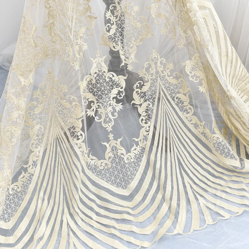 

Gold Embroidered Lace Mesh Fabric for DIY Sewing Wedding Dress Clothing Fashion Designer Fabrics Material Cloth By The Meter