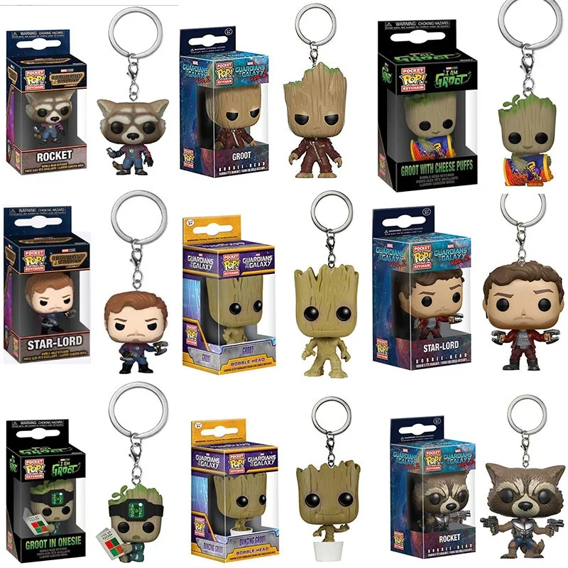 Funko Pop Guardians of the Pocket Keychain Galaxy Rocket Star-Lord Groot in Onesie Groot with Cheese Puffs Model Toys Child